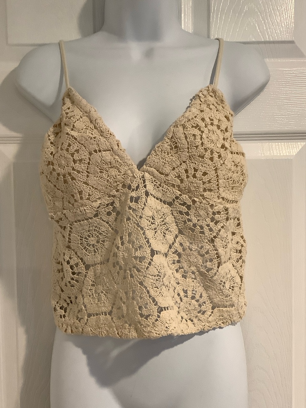 MNG MANGO Cream Neutral Crocheted Open Knit Festival Coastal Cowgirl Tank Top L